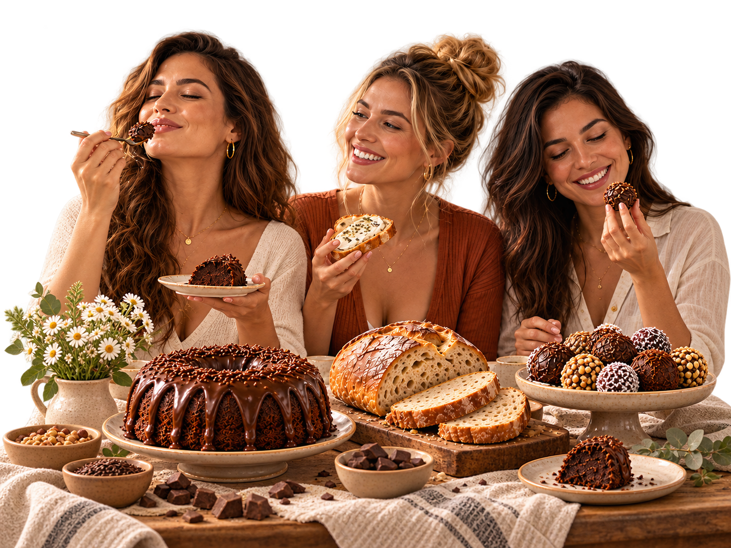 Mulheres aproveitando pães, bolos e docinhos